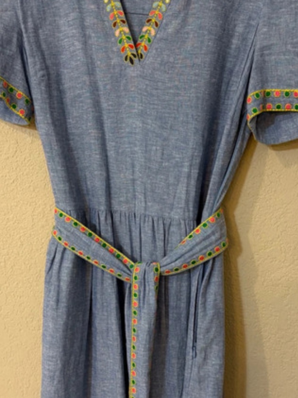 Boden Light Blue Chambray Midi Dress with Embroidered Trim - Picture 2 of 6